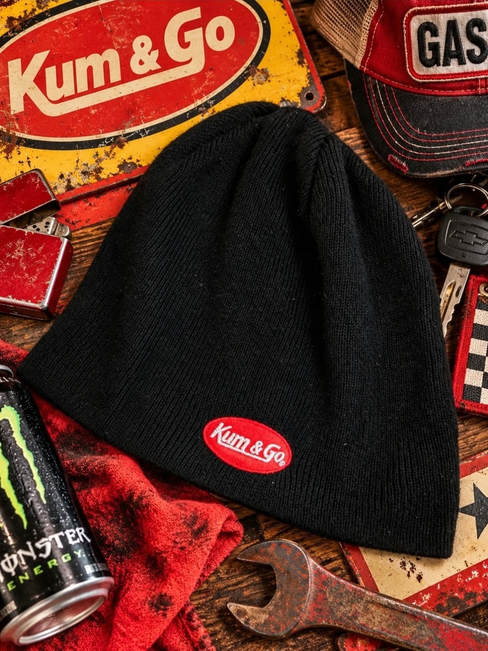 Kum & Go Black Knit Beanie Red Logo Streetwear Retro Workwear Americana Biker Y2